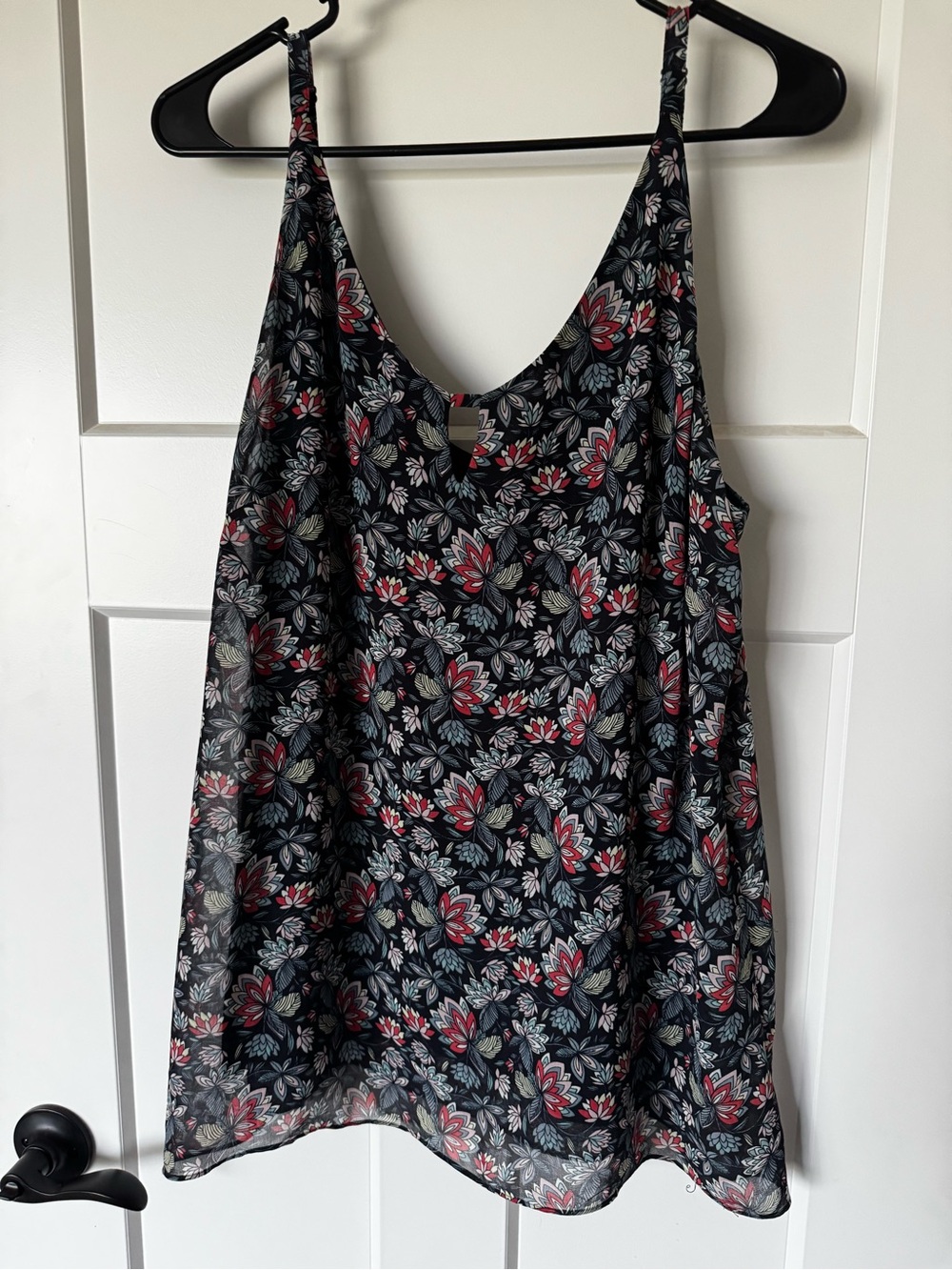 CAbi Black Floral Spaghetti Strap Camisole with Red & Gray Blooms